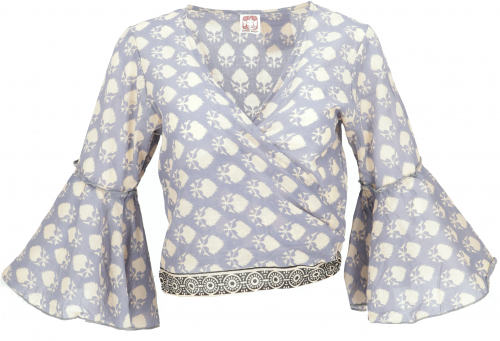 Short top, boho blouse top, cotton wrap top, wrap blouse - dove blue/beige