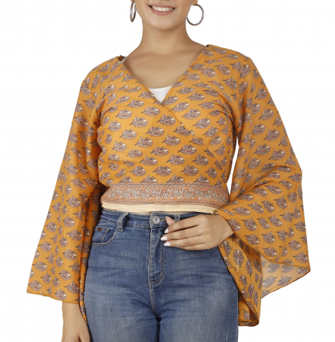 Short top, boho blouse top, wrap top, cotton wrap blouse with trumpet sleeves - turmeric
