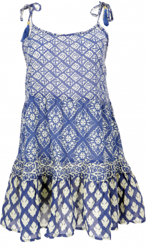 Boho mini dress, airy tiered dress made of cotton - blue