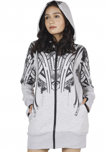 Goa festival jacket with tribal print, jacket with wide hood - gray