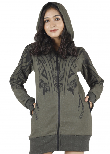 Goa festival jacket with tribal print, jacket with wide hood - olive green