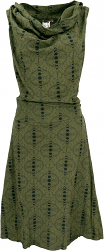 Ethno mini dress, goa dress with waterfall collar and psychedelic print - olive green