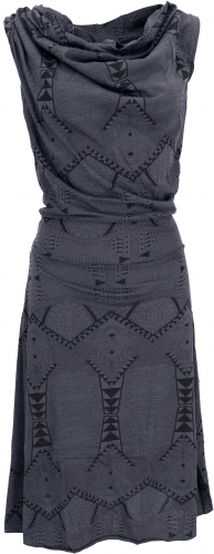 Ethno mini dress, goa dress with waterfall collar and psychedelic print - dark gray
