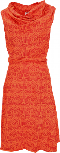 Ethno mini dress, goa dress with waterfall collar and psychedelic print - rust orange