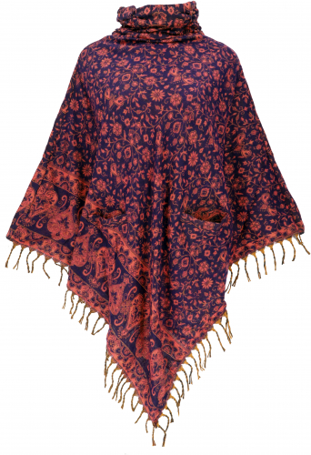 Poncho hippie chic, long paisley poncho with ruffled collar - purple/red