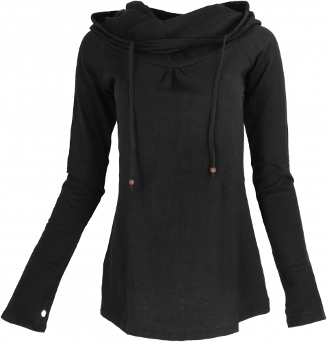 Boho chic hoody, long-sleeved shirt with shawl collar - black