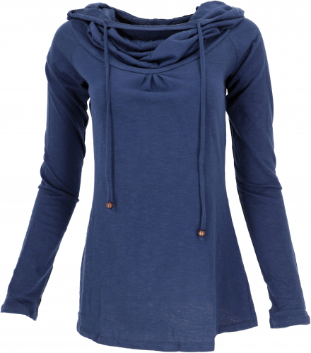 Boho chic hoody, long-sleeved shirt with shawl collar - blue