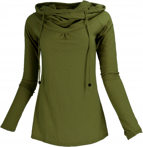 Boho chic hoody, long-sleeved shirt with shawl collar - olive green