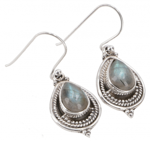 Indian silver earrings, filigree ethno earrings, boho ornament earrings - labradorite - 2,5x1,5 cm