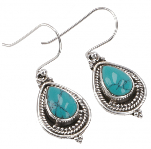 Indian silver earrings, filigree ethno earrings, boho ornament earrings - turquoise - 2,5x1,5 cm