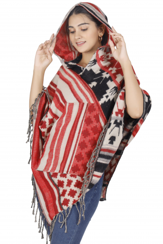 Ethno, hippie poncho with long pointed hood - red/beige