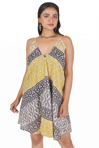 Convertible cotton mini dress, hand-printed summer dress - beige/yellow