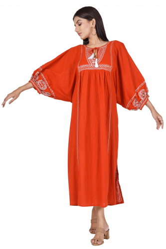Long boho summer dress, embroidered maxi dress, kaftan - rust orange
