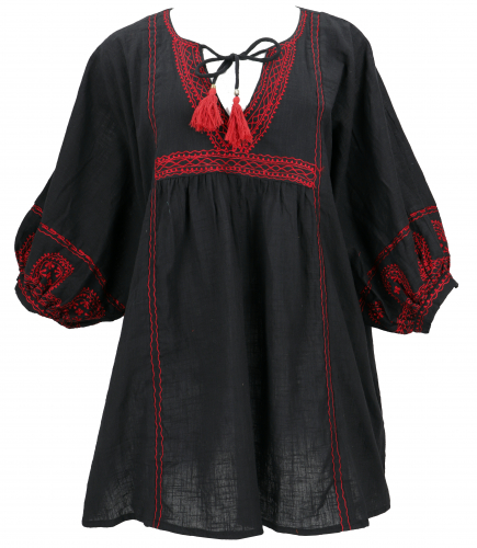 Embroidered boho cotton mini dress with belt, caftan, maxi tunic - black