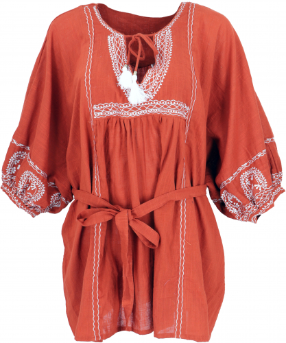 Embroidered boho cotton mini dress with belt, kaftan, maxi tunic - rust orange