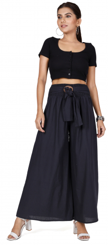 Airy summer pants with coconut buckle, boho palazzo pants, wide cotton pants - black