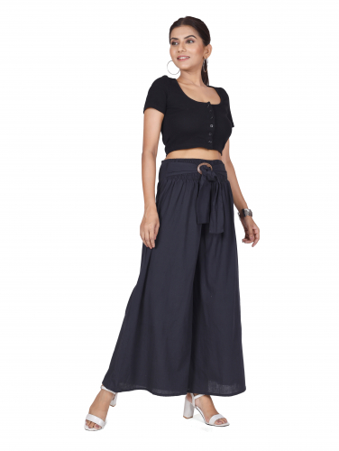 Airy summer pants with coconut buckle, boho palazzo pants, wide cotton pants - black