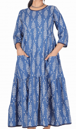 Boho summer dress, printed calf-length dress - indigo