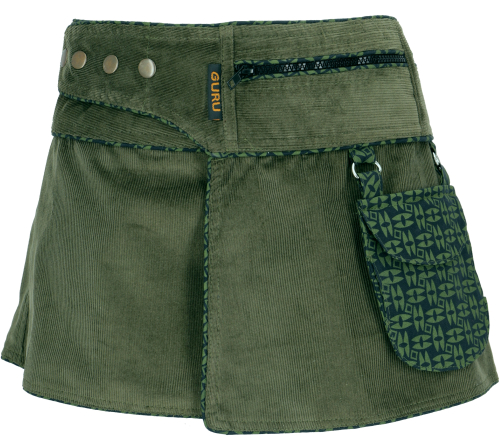 Wrap skirt, corduroy mini skirt, cacheur, sidebag - green