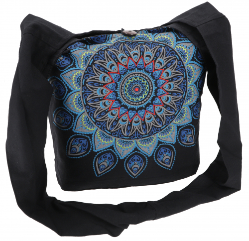 Embroidered boho bag, shoulder bag with mandala, Nepal bag - black/turquoise - 33x37x13 cm 