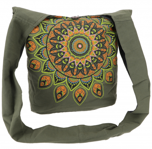 Bestickte Boho Tasche, Schulterbeutel mit Mandala, Nepalbeutel - olivgrn/lemon - 30x35x14 cm 