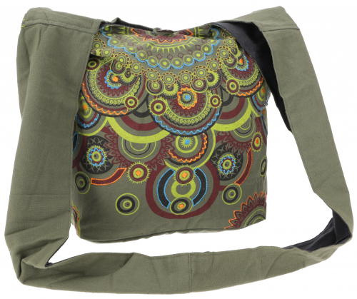 Bestickte Boho Tasche, Schulterbeutel mit Mandala, Nepalbeutel - olivgrn/lemon - 40x35x14 cm 