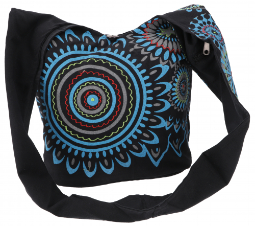 Embroidered boho bag, shoulder bag with mandala, Nepal bag - black/turquoise - 40x35x14 cm 