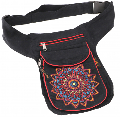 Fabric sidebag hip bag Mandala, Goa belt bag, fanny pack from Nepal - black/red - 25x20x4 cm 