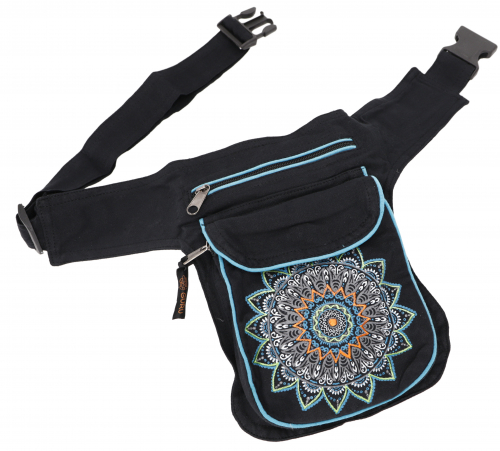 Stoff Sidebag & Hfttasche Mandala, Goa Grteltasche, Bauchtasche aus Nepal - schwarz/trkis - 25x20x4 cm 