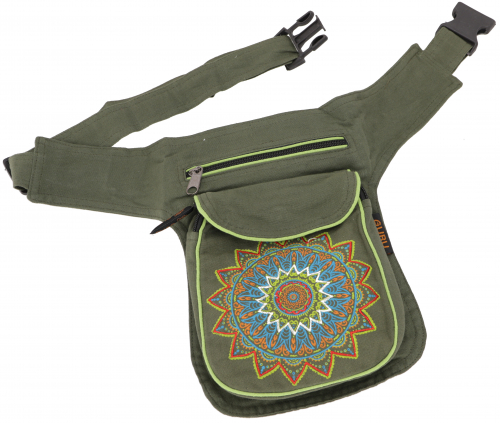 Fabric sidebag hip bag Mandala, Goa belt bag, fanny pack from Nepal - olive green - 28x20x3 cm 