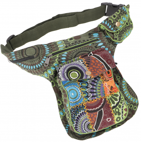 Stoff Sidebag & Patchwork Hfttasche, Goa Grteltasche, Bauchtasche aus Nepal - olivgrn - 25x20x4 cm 
