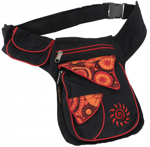 Fabric sidebag belt bag, goa hip bag, bum bag with embroidery sun - black/red - 25x20x10 cm 