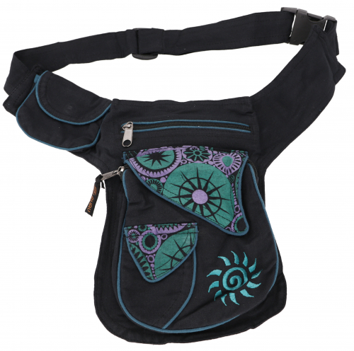 Fabric sidebag belt bag, goa hip bag, fanny pack - black/purple - 25x20x10 cm 