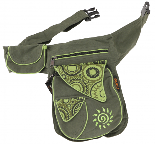 Fabric sidebag belt bag, goa hip bag, bum bag with embroidery sun - olive green - 25x20x10 cm 