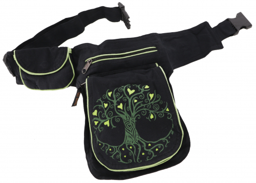 Fabric sidebag hip bag, Goa belt bag, fanny pack from Nepal - Tree of life black/green - 25x18x4 cm 