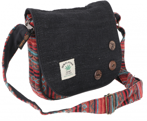 Boho shoulder bag from Nepal, hemp shoulder bag - black - 20x24x5 cm 