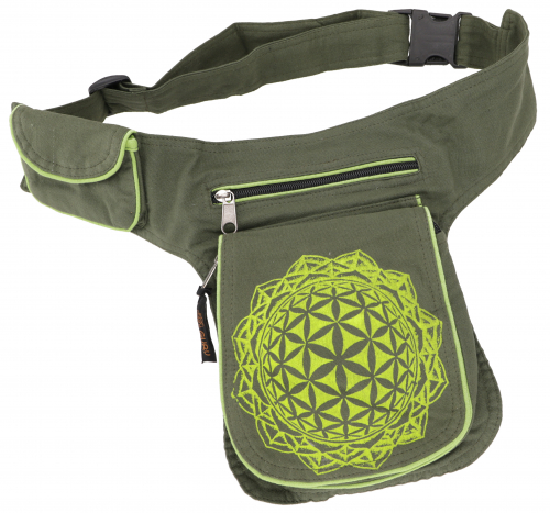 Fabric sidebag hip bag `Flower of life`, boho belt bag, fanny pack from Nepal - olive green - 25x20x4 cm 