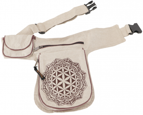 Fabric sidebag hip bag `Flower of life`, boho belt bag, fanny pack from Nepal - beige/brown - 25x20x4 cm 