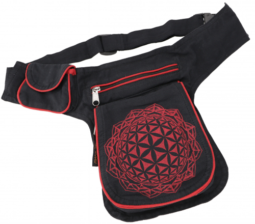 Fabric sidebag hip bag `Flower of life`, boho belt bag, fanny pack from Nepal - black/red - 20x15x4 cm 