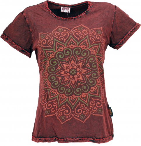 Boho T-shirt with mandala print, stonewashed T-shirt - red