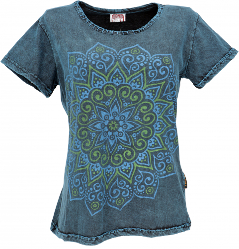 Boho T-shirt with mandala print, stonewashed T-shirt - blue