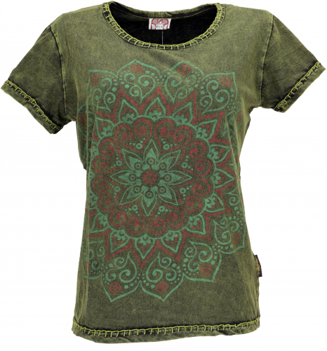 Boho T-shirt with mandala print, stonewashed T-shirt - green