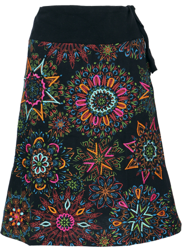 Embroidered knee-length skirt, boho chic, retro mandala - black/colorful