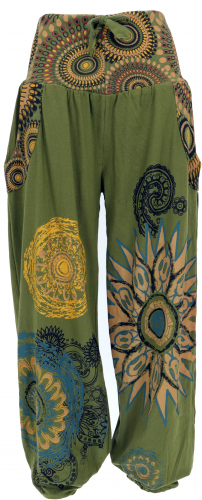 Wide harem pants with wide waistband and boho print - olive green
