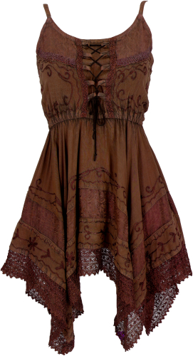 Embroidered indian mini dress boho chic, zig zag hippie tunic, medieval dress - brown