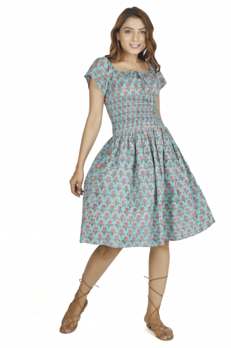 Boho Minikleid, handbedrucktes luftiges Sommerkleid, Baumwollkleid - trkis