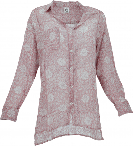 Handbedrucktes Boho Langarmhemd, luftiges Unisex Hemd - rosa