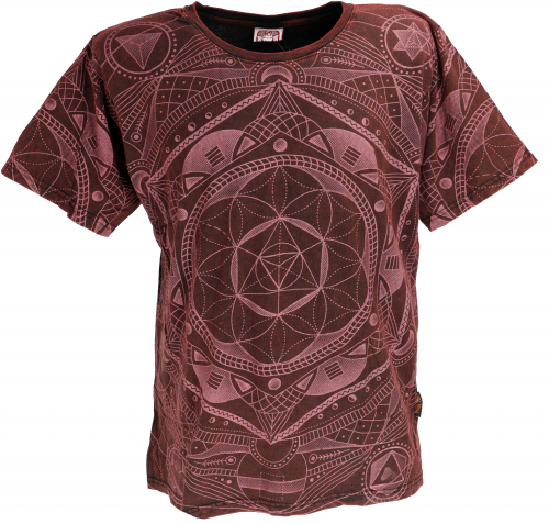 Tibet Buddhist Art T-Shirt, Flower of Life Mandala stonewash T-Shirt - burgundy
