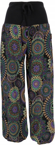 Wide harem pants with wide waistband and boho print - black/purple