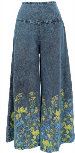 Palazzo pants, boho cotton pants, culottes with flowers - blue/yellow